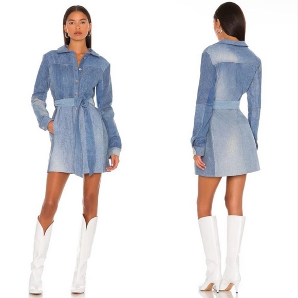 🆕EB DENIM KLIED DENIM BELTED TRENCH PATCHWORK BUTTON UP LONG SLEEVE MINI DRESS - Picture 1 of 7